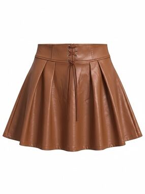 Faux Leather Brown Pleated Skirt Lace-Up Waist Large